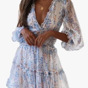 Dokotoo Womens 2023 Deep V Neck Ruffle Long Sleeve Floral Print Mini Dress